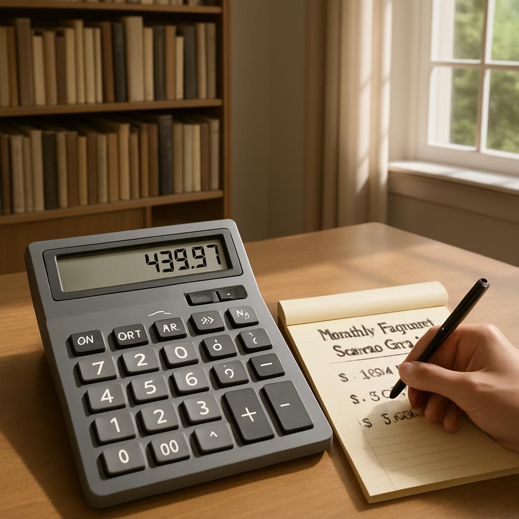 A person is seated at a table, intently focused on their calculator and notepad.