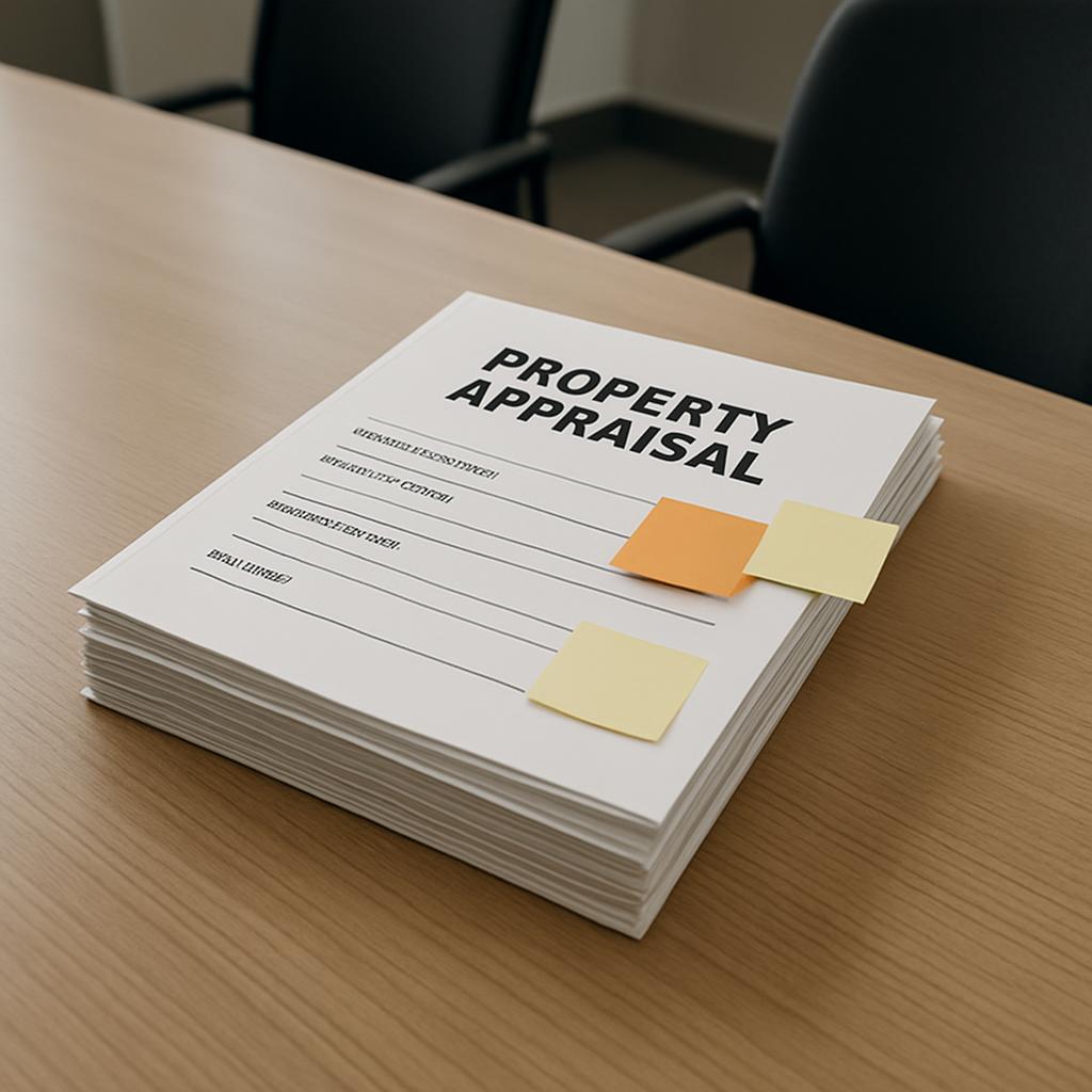 Stack of property appraisal papers with sticky notes on top.